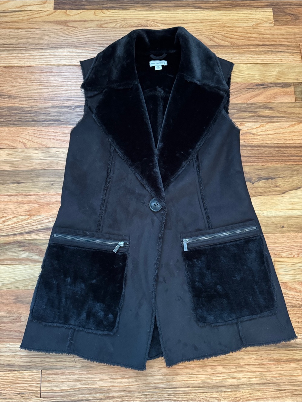 Susan Graver Faux Suede and Faux Fur Long Vest Black XSmall